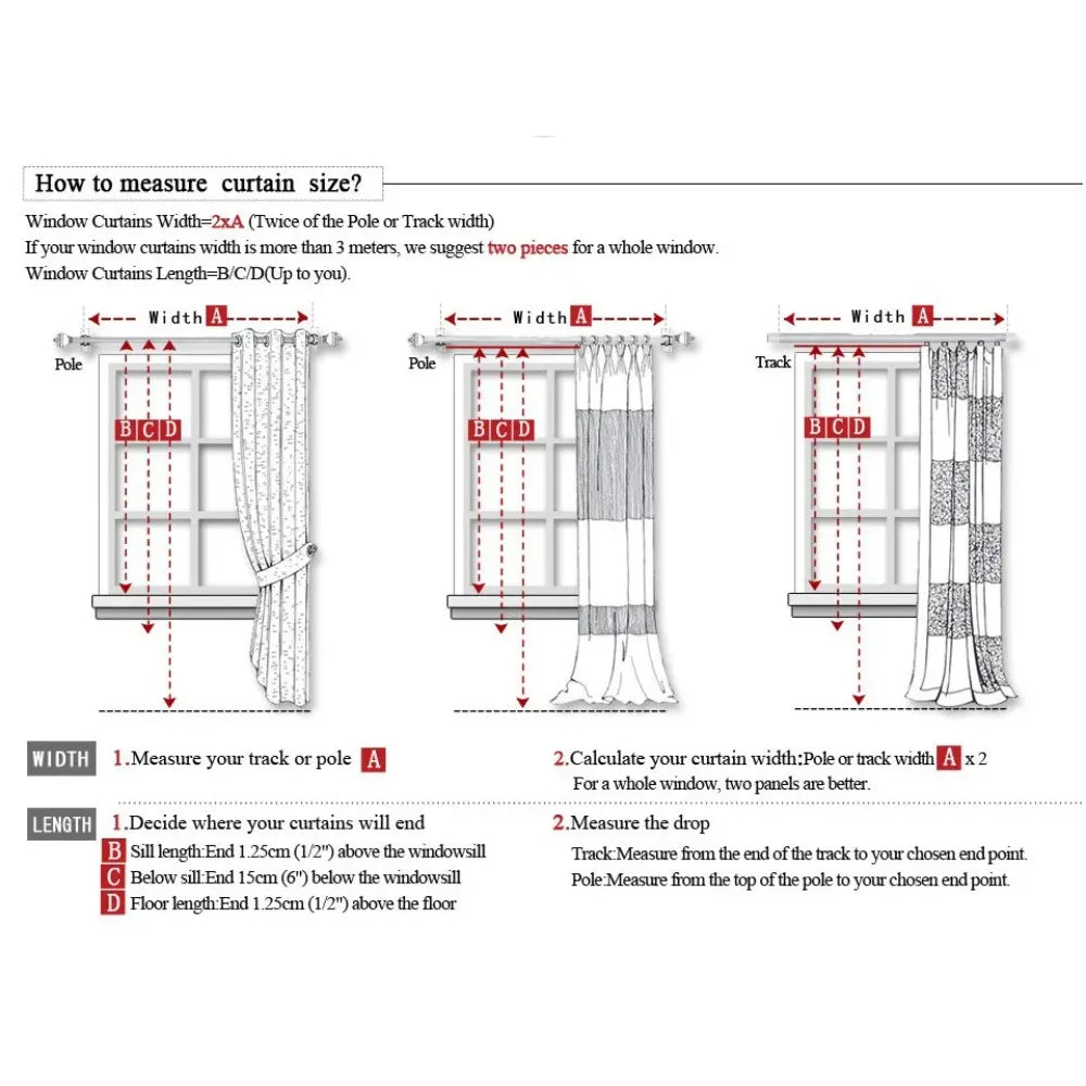 Diagram showing how to measure and install window curtains using a pole and track.