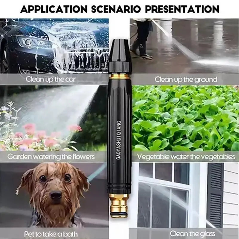 Presentation slides showing the adjustable high-pressure water spray nozzle used for cleaning cars, gardens, and glass.