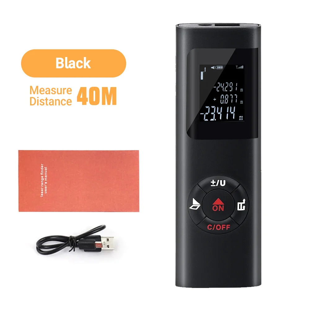 A black laser distance measurer device with a digital display and power button is shown next to its cable.
