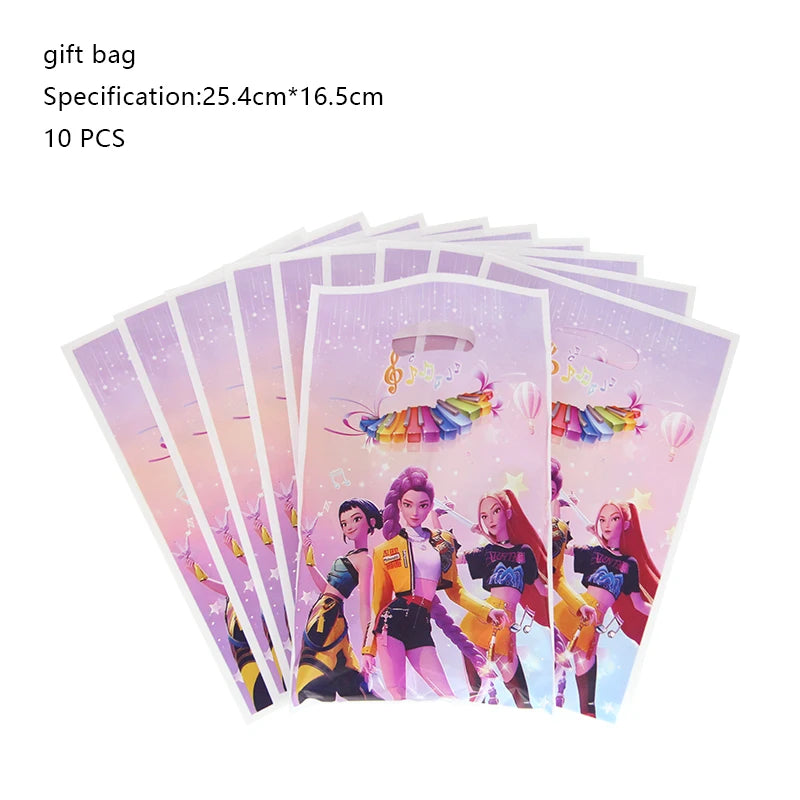 A set of ten pink and purple gift bags featuring anime-style characters for a birthday party decoration kit.