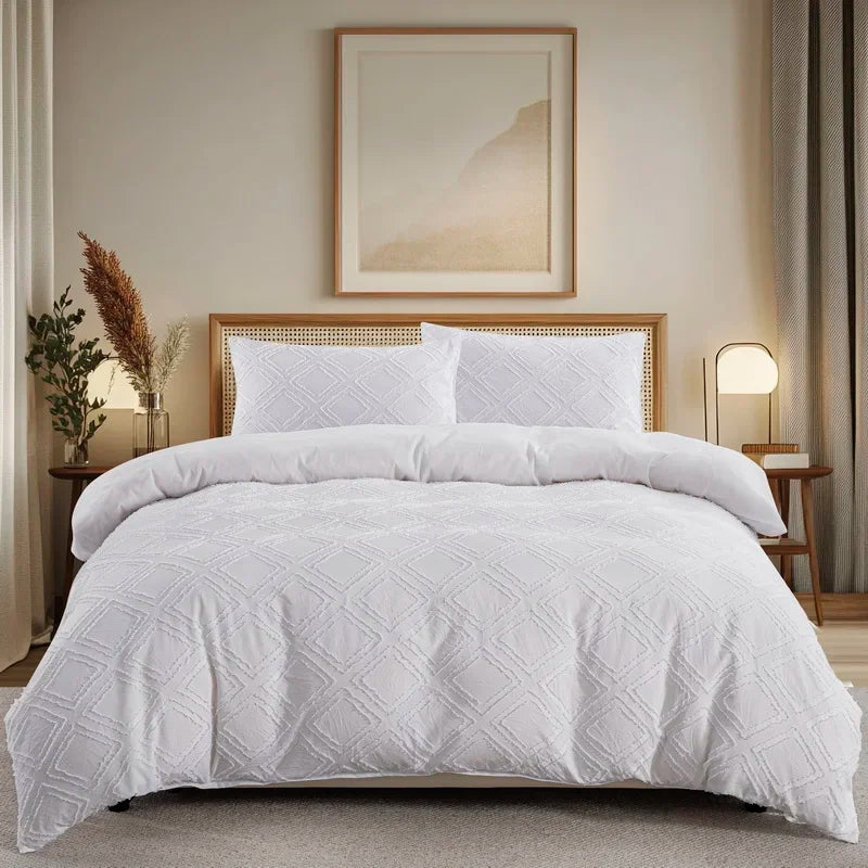 Tufted Boho Chic Duvet Cover Set with Textured Microfiber