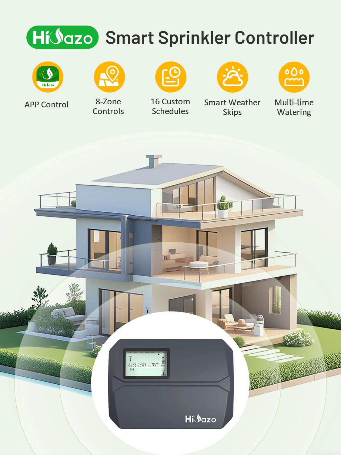 A diagram showing a house with an outdoor sprinkler system, next to a HiZao smart controller device.