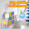 A disposable toilet brush set with a long handle and wall-mount holder is shown next to a white toilet.