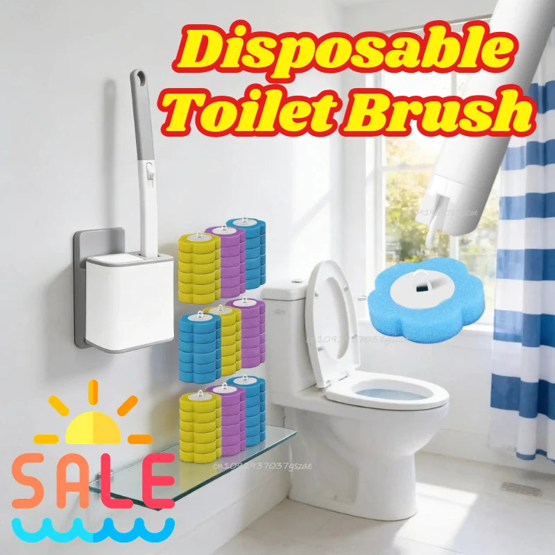 A disposable toilet brush set with a long handle and wall-mount holder is shown next to a white toilet.