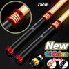 A black lightsaber with red accents and blue light, showing various color options and dimensions.