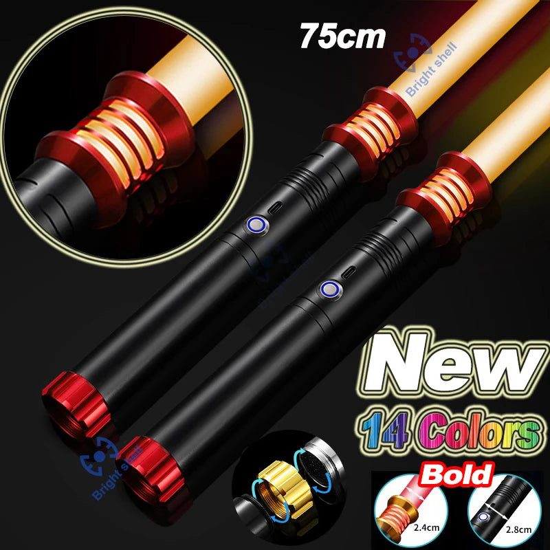 A black lightsaber with red accents and blue light, showing various color options and dimensions.