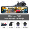 A 4-channel dash cam with a 11.26 inch touchscreen showing front, rear, left, and right camera views.