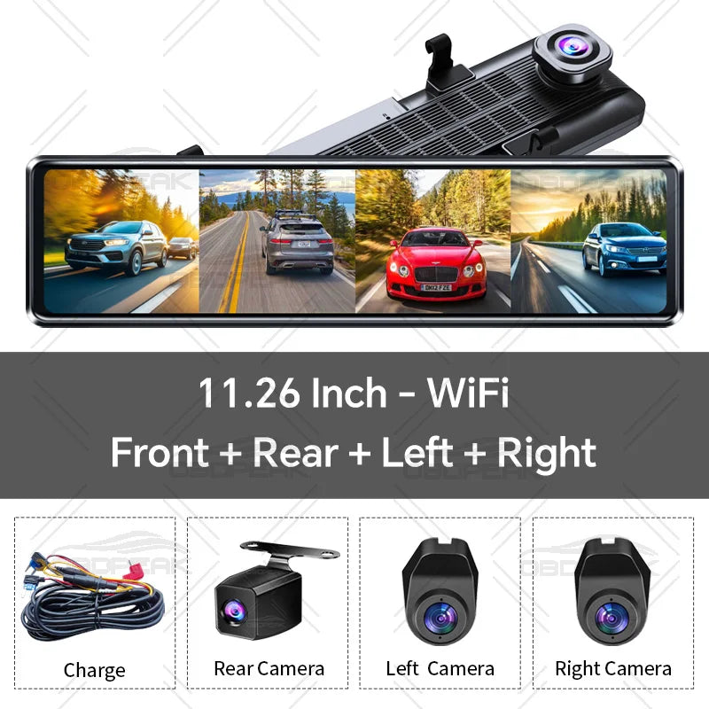 A 4-channel dash cam with a 11.26 inch touchscreen showing front, rear, left, and right camera views.