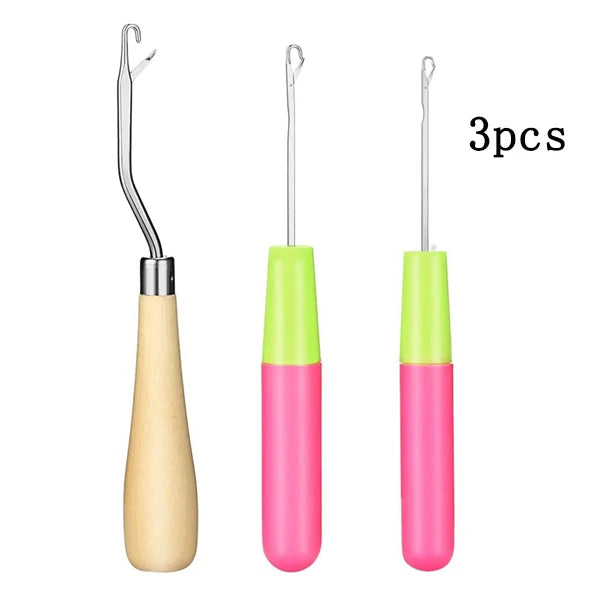 Three plastic latch hook needles in natural wood and pink colors for crochet, dreadlocks, and rug making