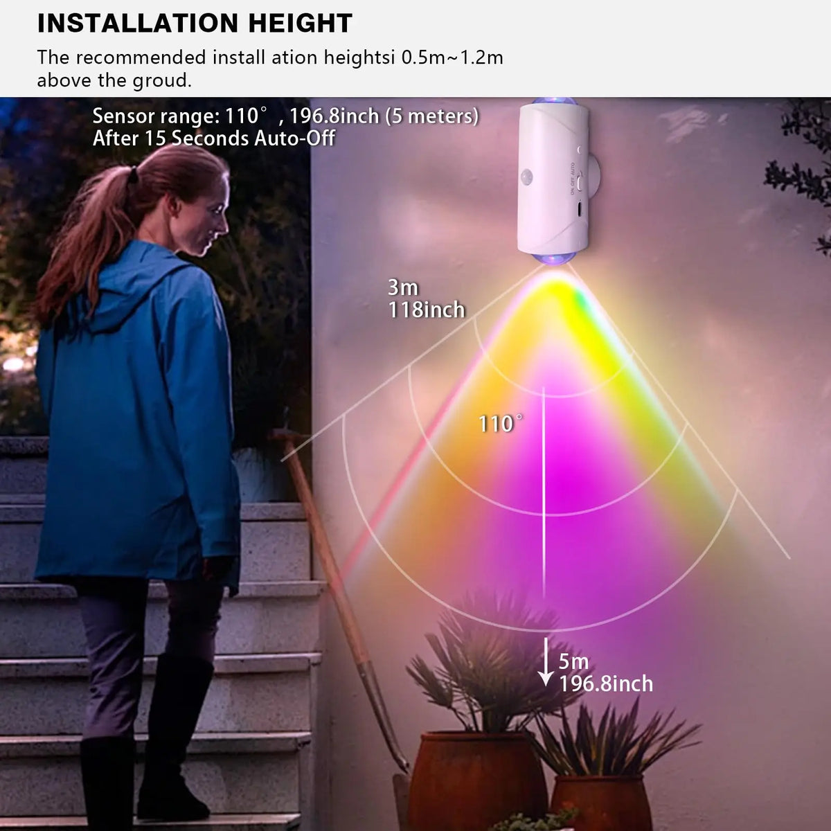 A person stands near a wall where an installed motion sensor projects a cone of multi-colored light onto the surface.