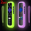 Two glow-in-the-dark silicone TV remote covers in lime green and purple with lanyards.