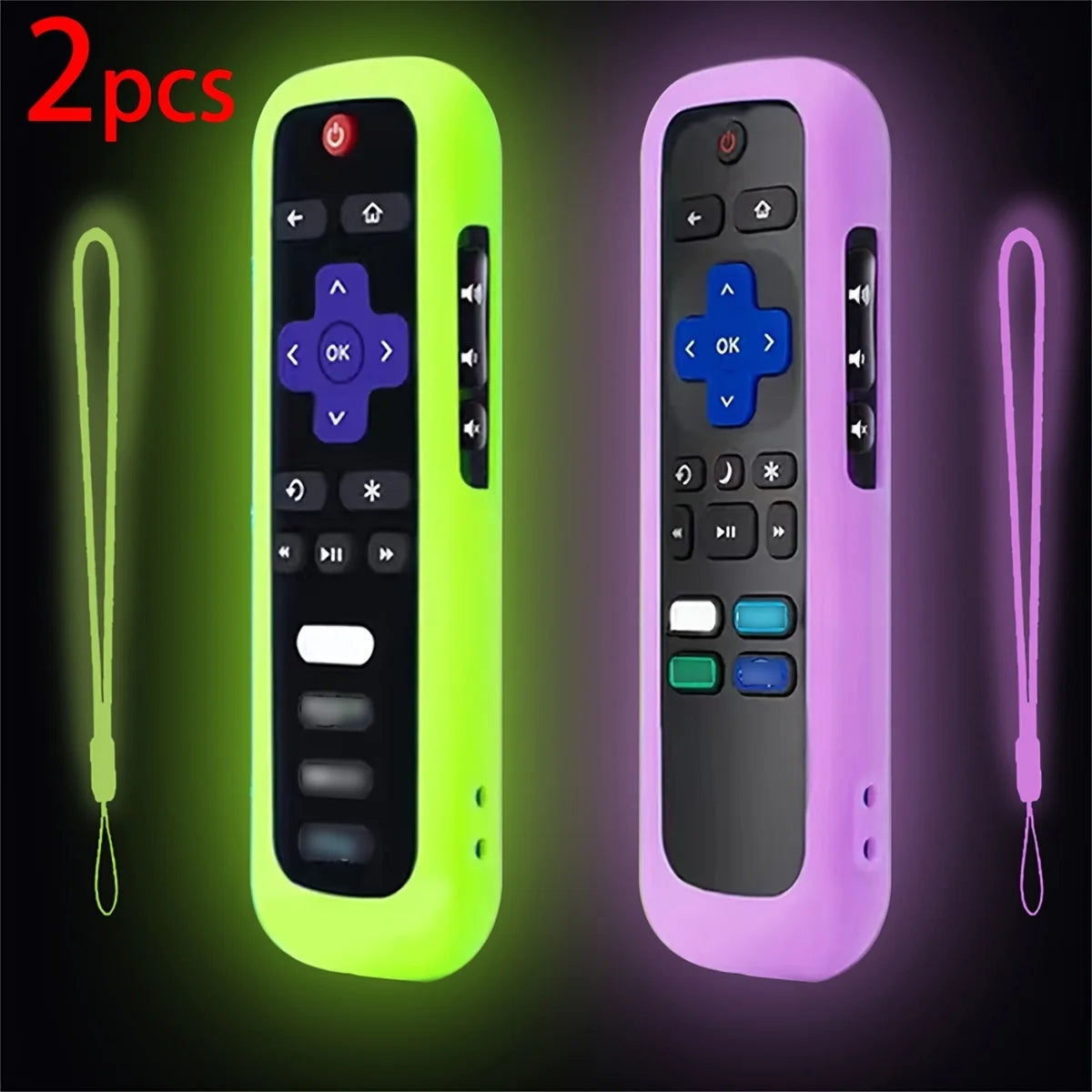 Two glow-in-the-dark silicone TV remote covers in lime green and purple with lanyards.
