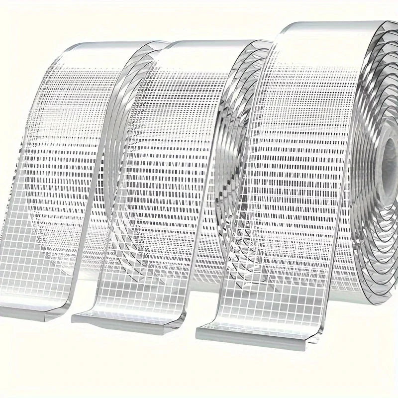 Rolls of clear mesh double-sided tape shown in various angles