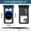Black waterproof floating smartphone case with a detachable strap shown next to the phone size.