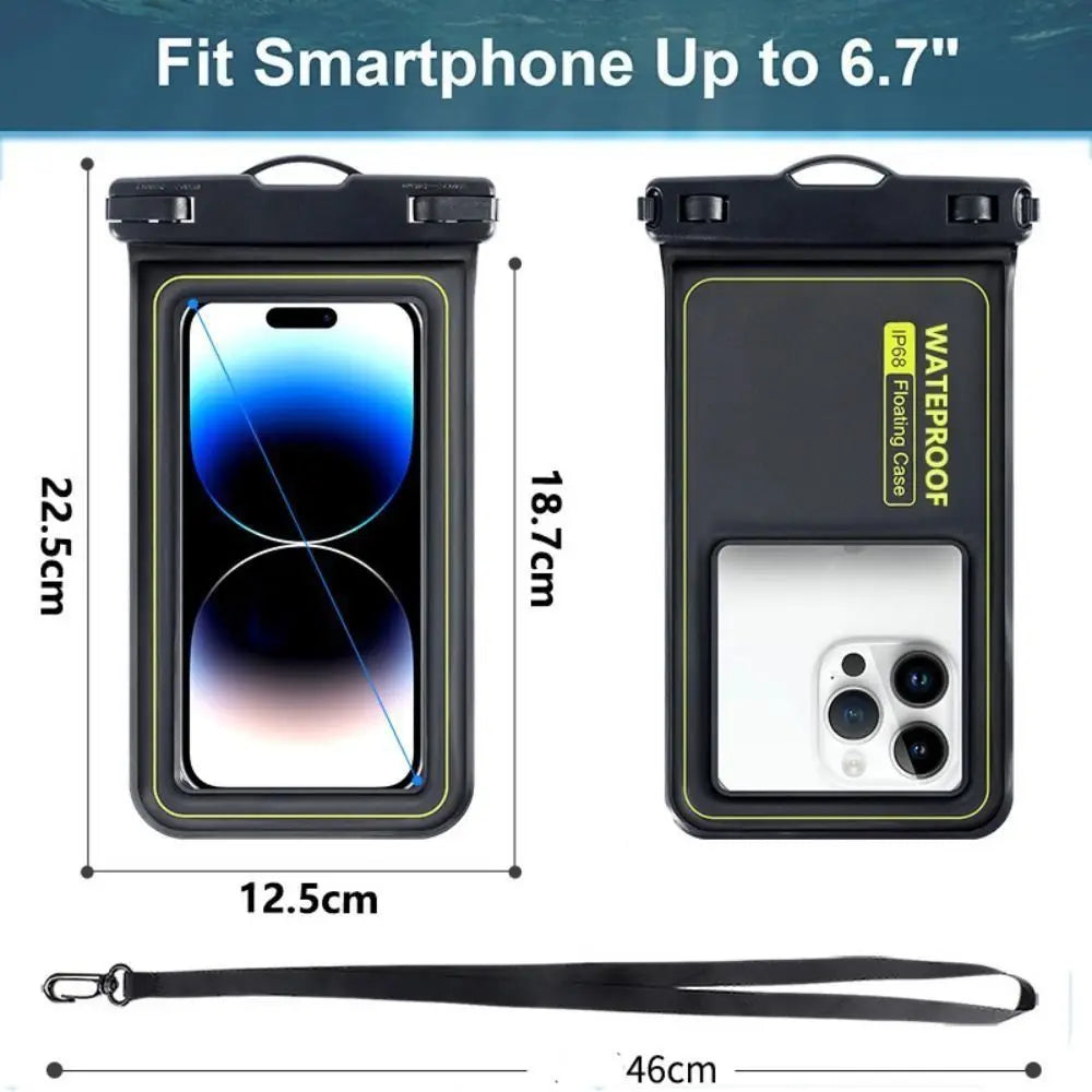 Black waterproof floating smartphone case with a detachable strap shown next to the phone size.