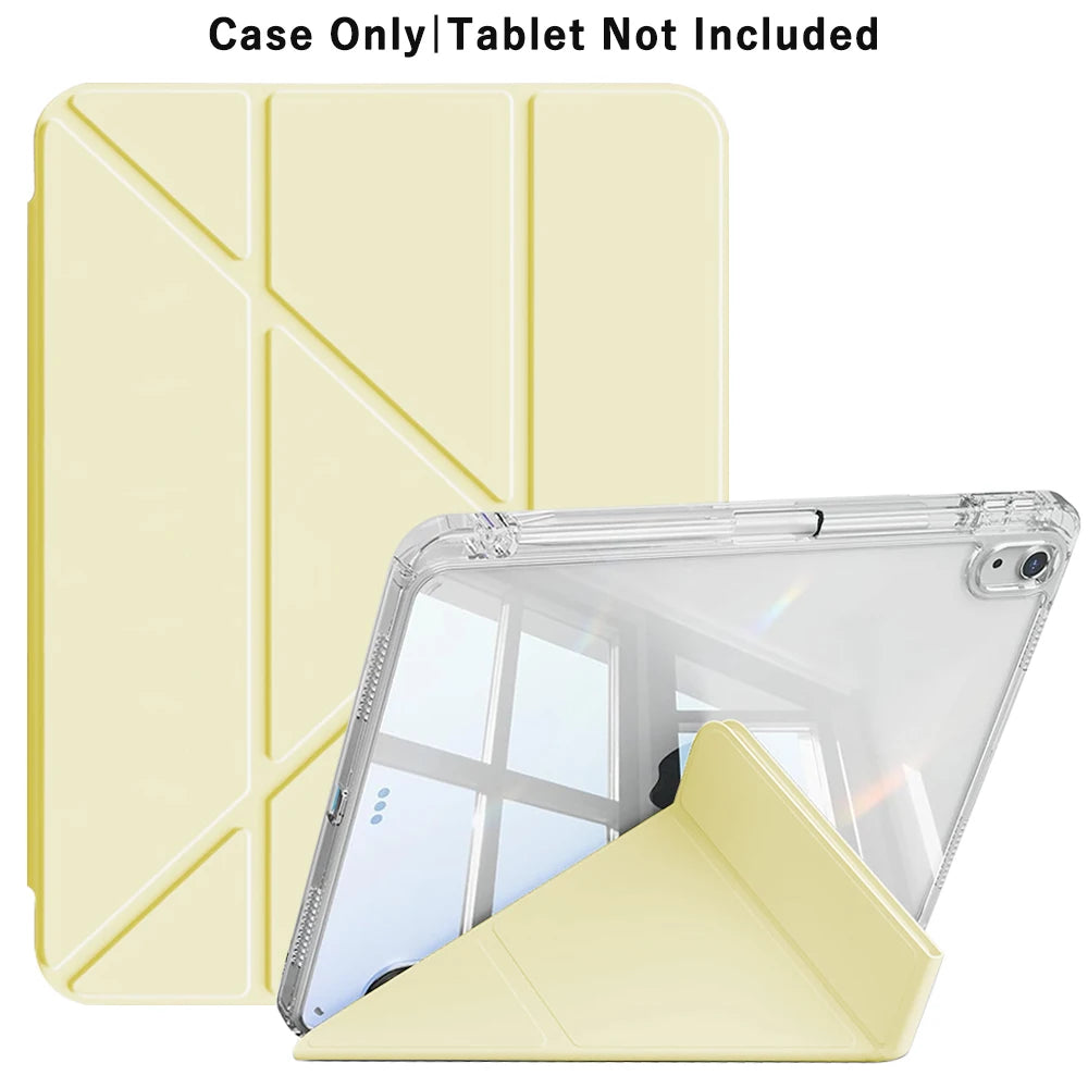 A clear foldable case for an iPad is shown alongside a matching yellow protective cover.