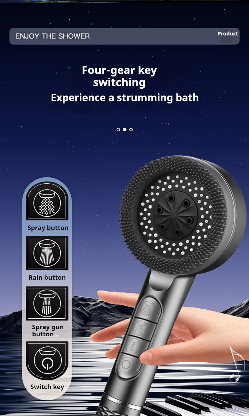 A hand holds a silver shower head with multiple buttons, demonstrating four-gear key switching for a strumming bath.