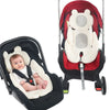 A red and black stroller seat cushion with a white bear-shaped insert is shown on a stroller frame.