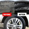 Before and after comparison of a tire and trim restorer coating on a vehicle wheel.