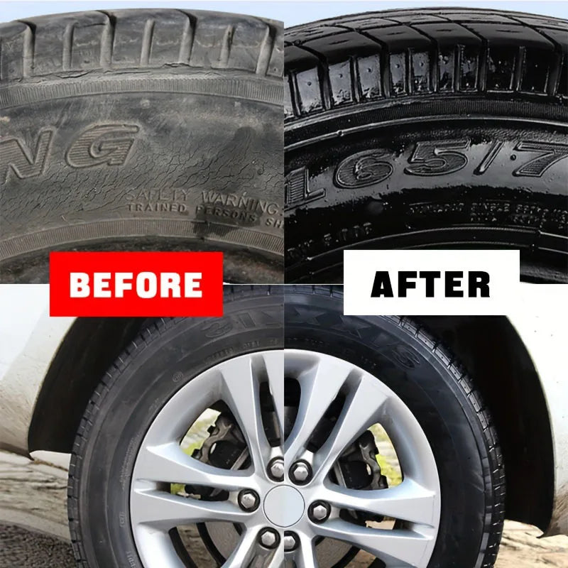 Before and after comparison of a tire and trim restorer coating on a vehicle wheel.