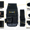 Black tool pouch with various compartments and a tunnel loop for a tool belt