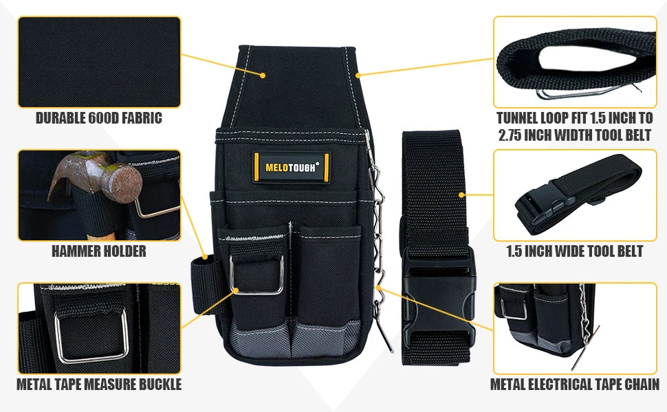 Black tool pouch with various compartments and a tunnel loop for a tool belt