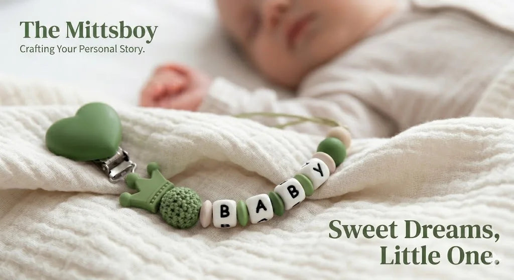 A green and beige beaded pacifier clip necklace with a heart charm rests on a white blanket next to a baby's hand.