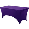 A vibrant purple stretchable spandex tablecloth covering a rectangular table.