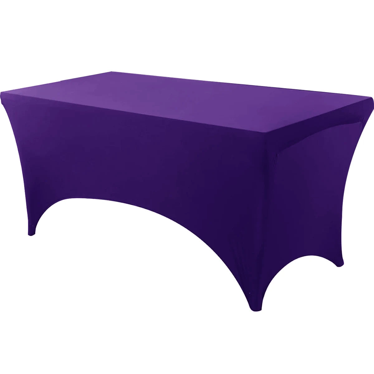 A vibrant purple stretchable spandex tablecloth covering a rectangular table.