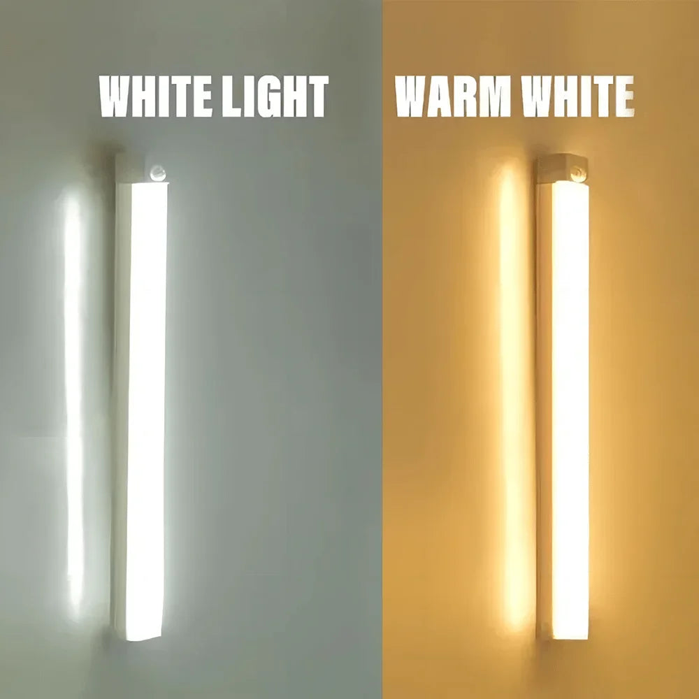 A side-by-side comparison of a white light and a warm white LED night light mounted on a wall.