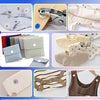 A collection of snap fasteners, pliers, and various fabric items including shirts and bags.