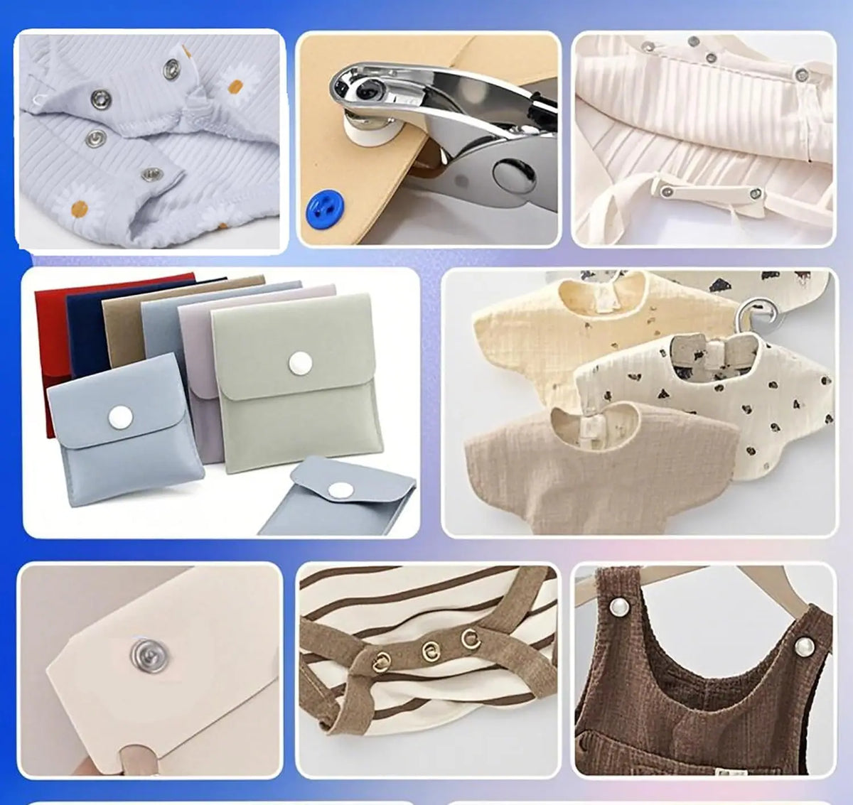 A collection of snap fasteners, pliers, and various fabric items including shirts and bags.
