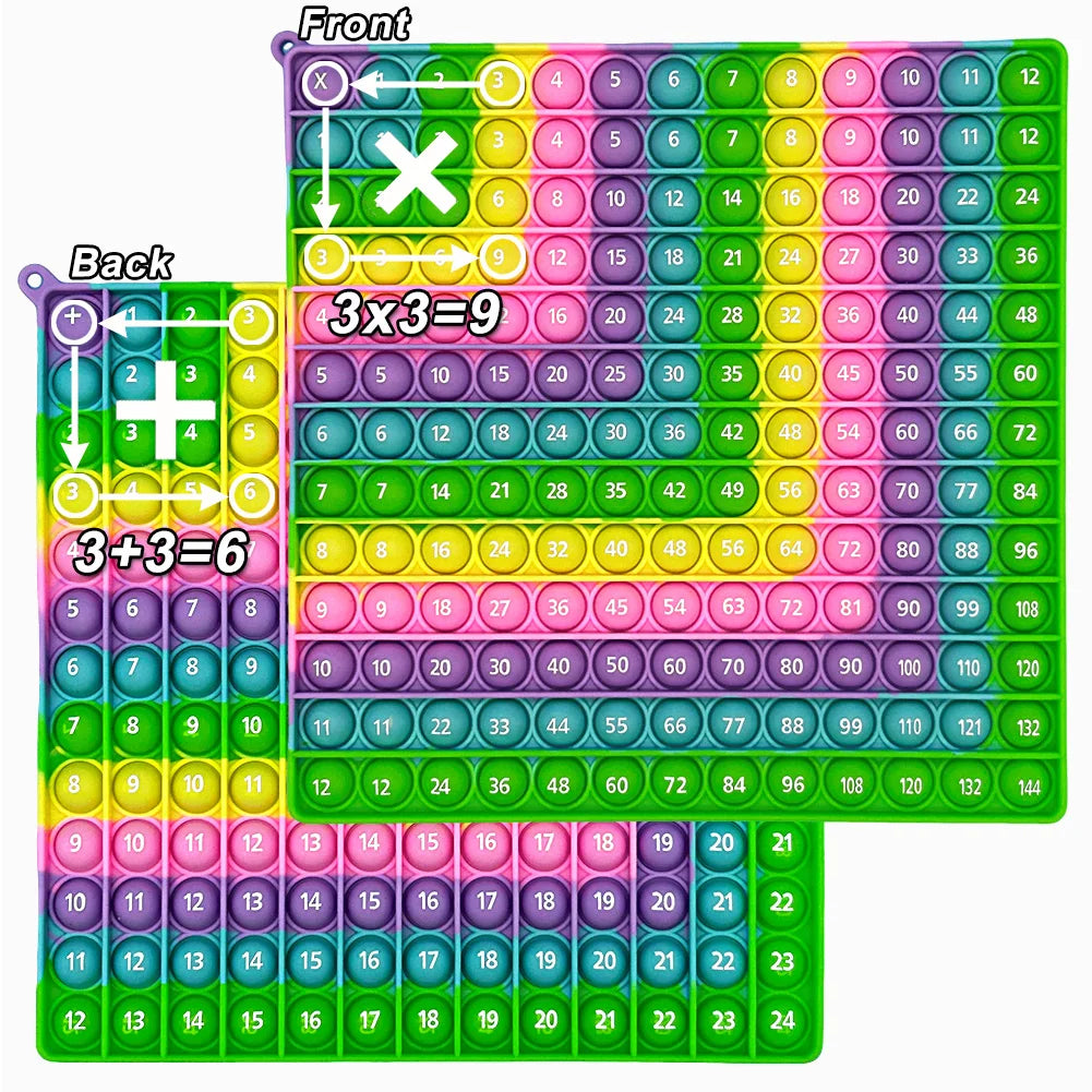 A colorful push bubble math game with numbered bubbles for addition and multiplication learning.