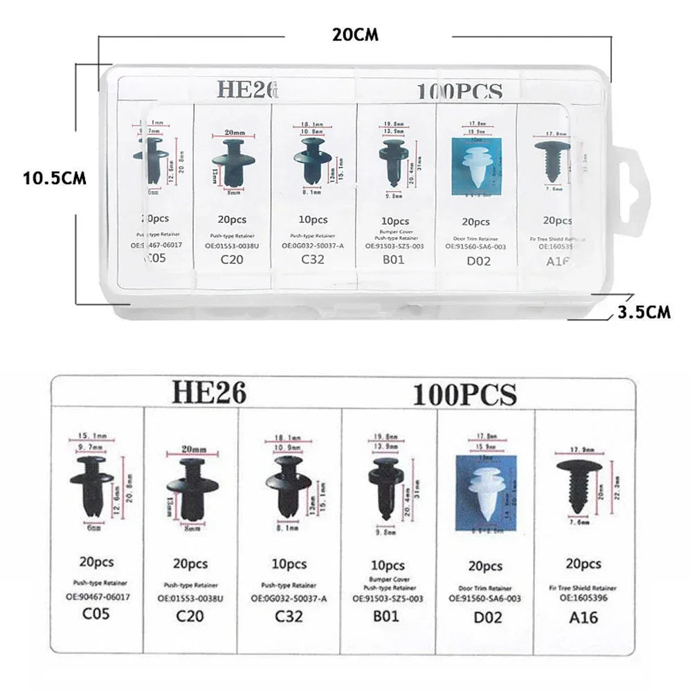 A set of 100 pieces of HE26 auto trim clips with various fasteners and a pusher retainer tool.
