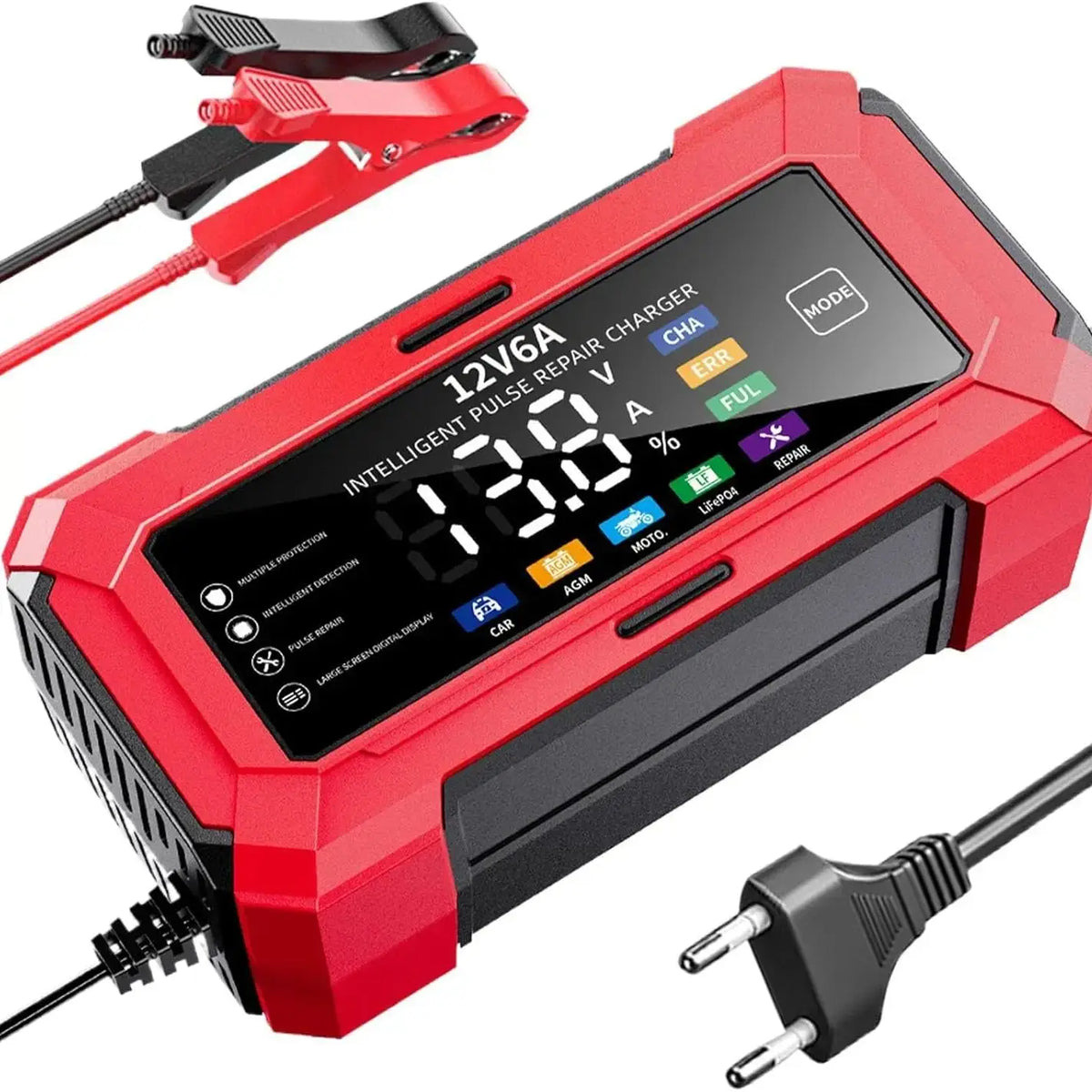 A red intelligent 12V6A pulse repair charger with an LCD display and power cable.