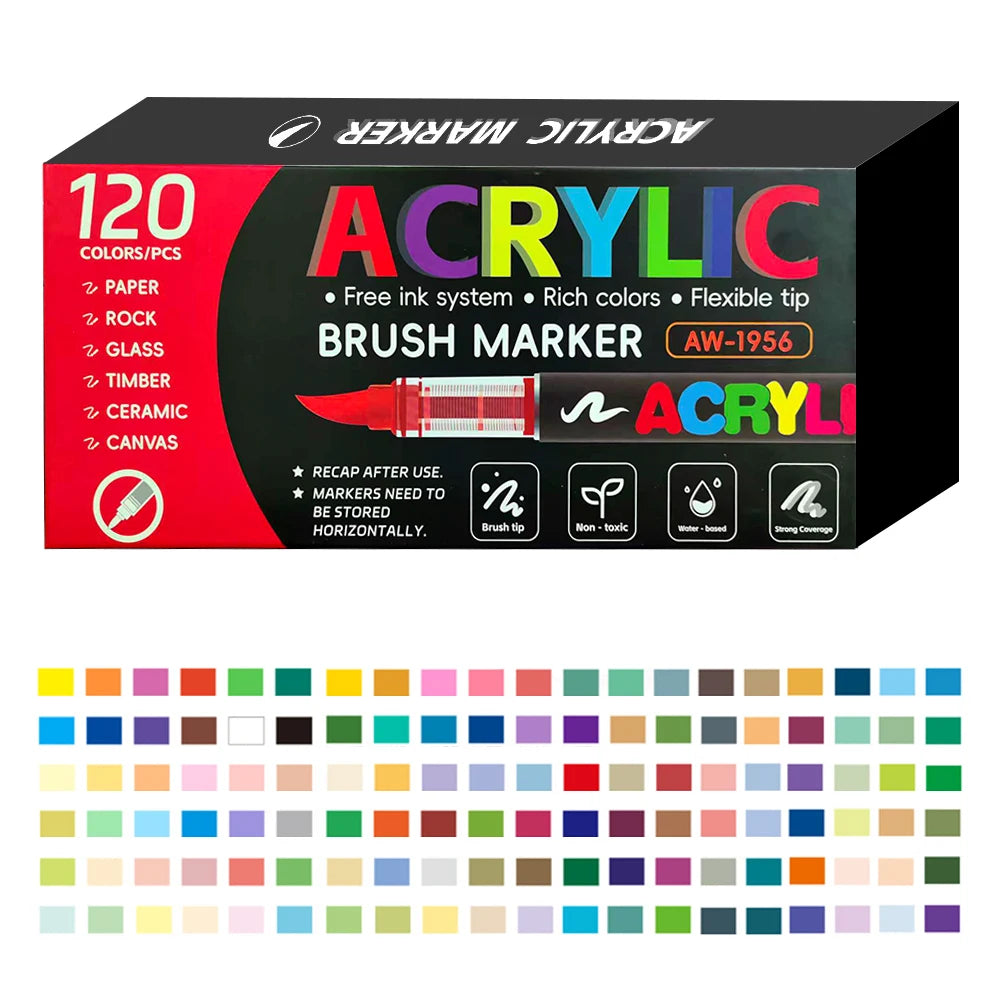 A box of 120 color acrylic brush marker pens with various colors displayed in a grid.