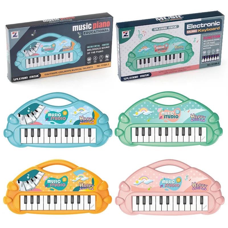 Set of four colorful plastic electronic piano toys for children with microphones.
