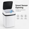 A white smart sensor touchless trash can with a black lid, demonstrating automatic opening features.
