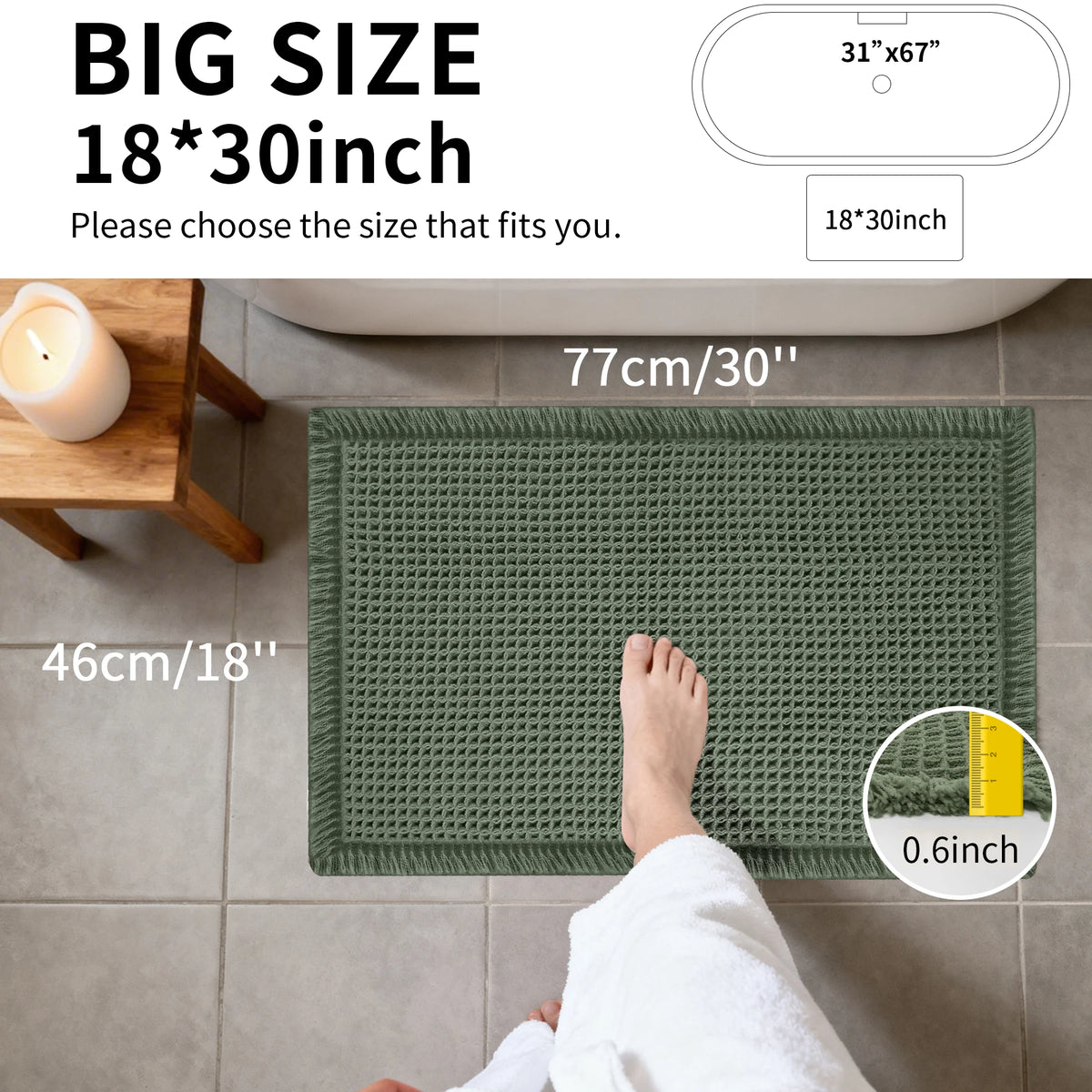 Waffle Textured Quick-Dry Bath Mat with Non-Slip Backing