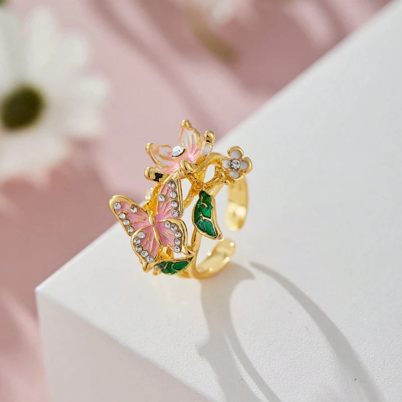 Floral Butterfly Rhinestone Ring — Romantic Adjustable Design