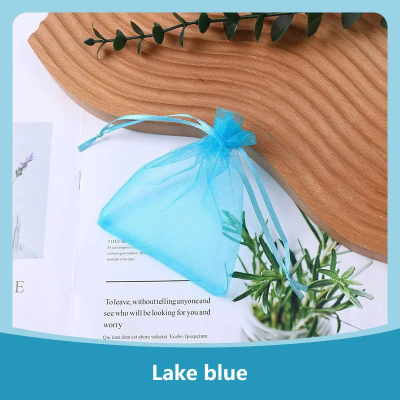 A light blue organza drawstring gift bag resting on a wooden surface next to a green plant.