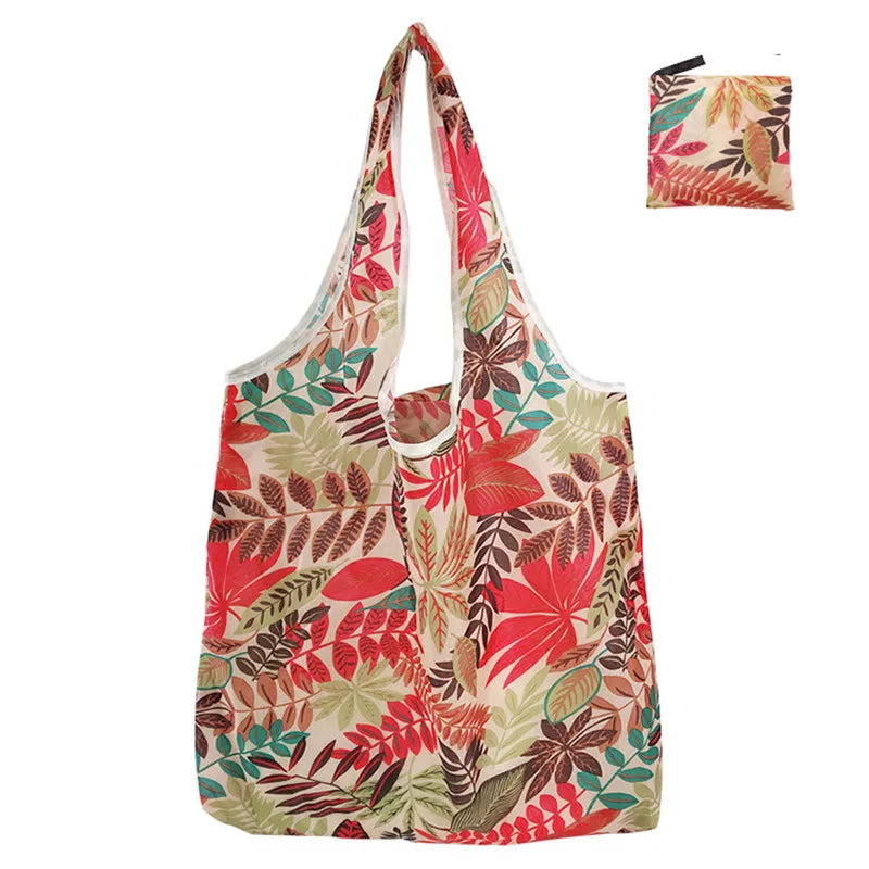 Foldable Nylon Reusable Shopping Bag with Floral Print