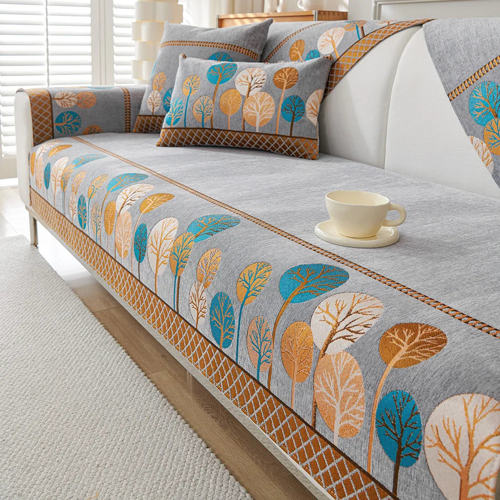 Chenille Jacquard Sofa Cover with Anti-Slip Backing