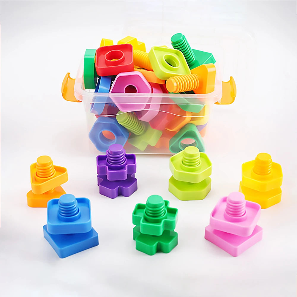 A clear plastic container filled with colorful screw and nut building blocks for kids.