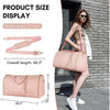 A model is shown carrying a pink foldable travel duffel bag and a matching shoe pouch.