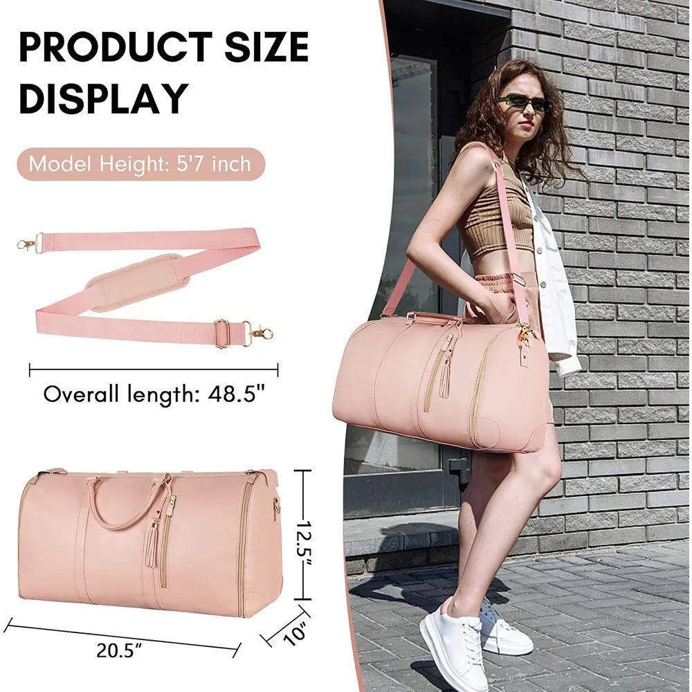 A model is shown carrying a pink foldable travel duffel bag and a matching shoe pouch.