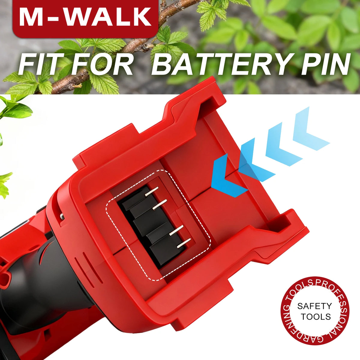 Red M-Walk battery pin fitting for a cordless brushless electric pruning shears tool.