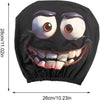 A black plush eye cartoon headrest cover featuring a wide, smiling face with large eyes.