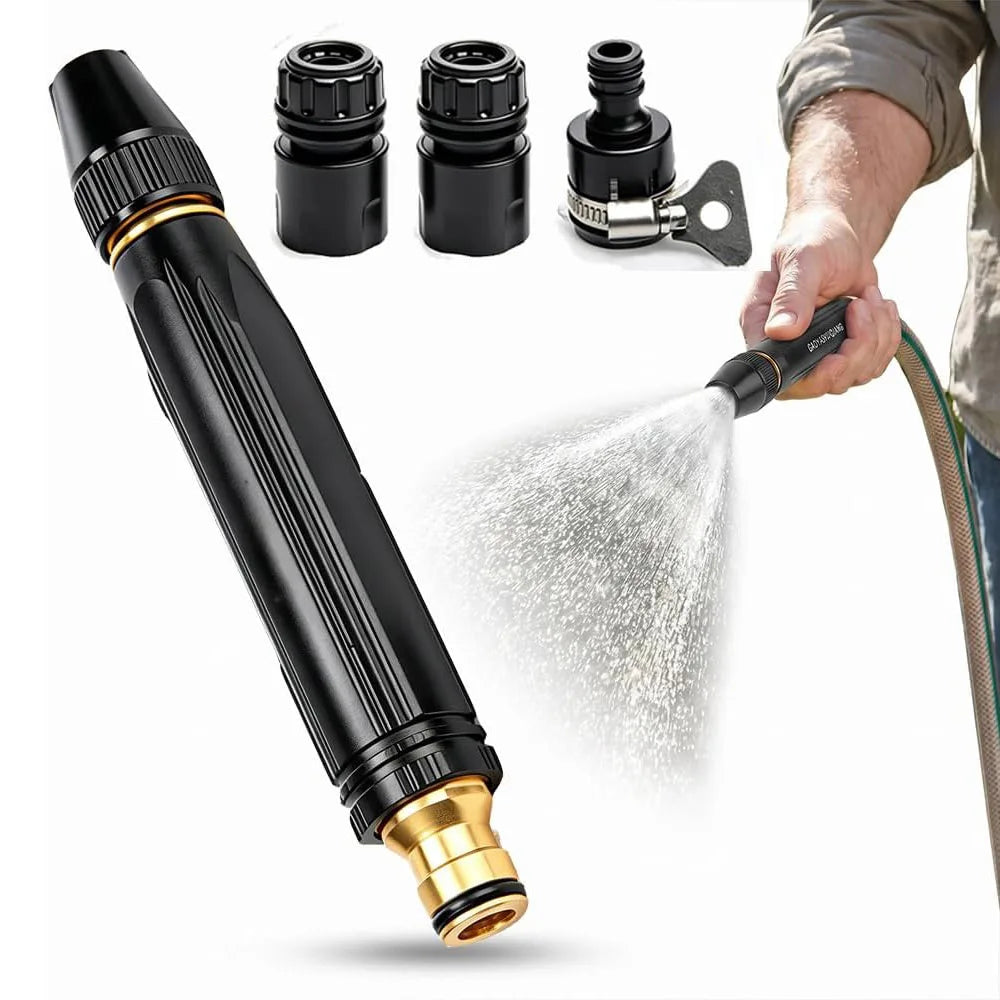 A black high pressure power washer nozzle and related accessories are shown being used to spray water.