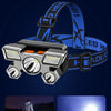 A black LED headlamp is shown attached to a strap, with images demonstrating its use in low-light outdoor settings.